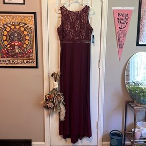 Nightway Maroon Holiday Gown with Lace Florals and Sheer Waist Cutout